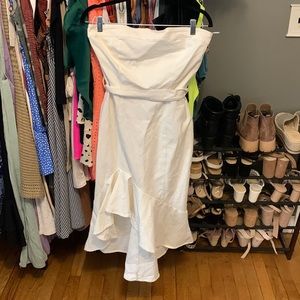 Denim material strapless midi dress